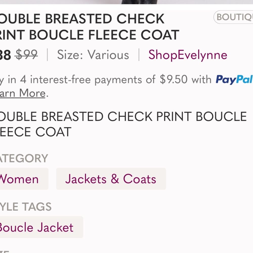 DOUBLE BREASTED CHECK PRINT BOUCLE FLEECE COAT- NEW ! - Picture 6 of 6